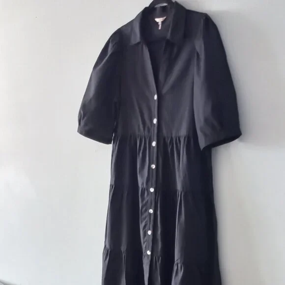 ESQUALO black cotton/linen tiered dress with puff sleeves - Picture 2 of 12